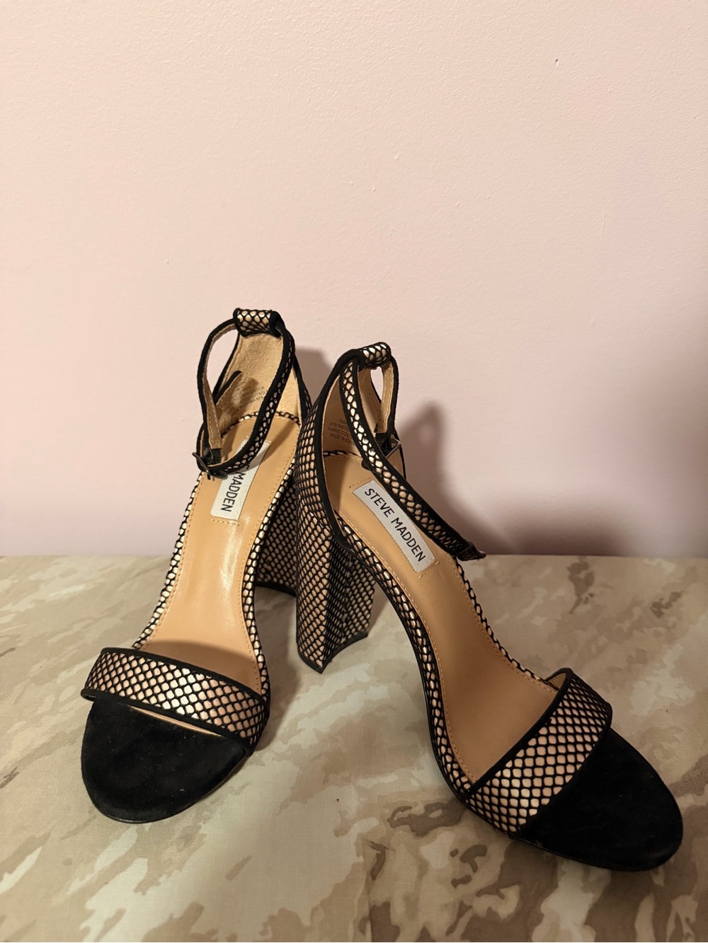 Steve Madden Black Fishnet Block Heel Sandals